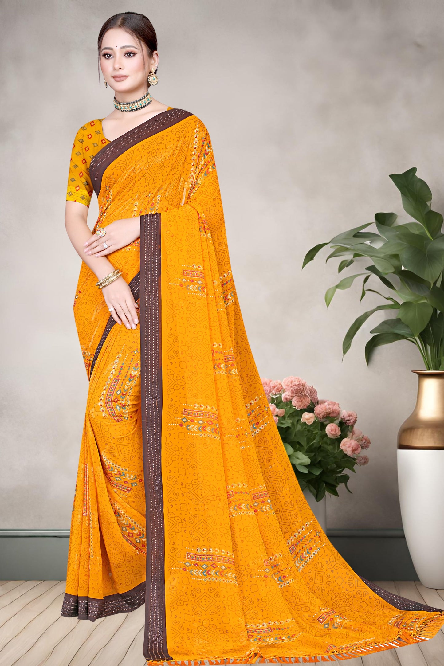 Hightex Wetless Jari Pattern Bandhani Geometric Printed Saree