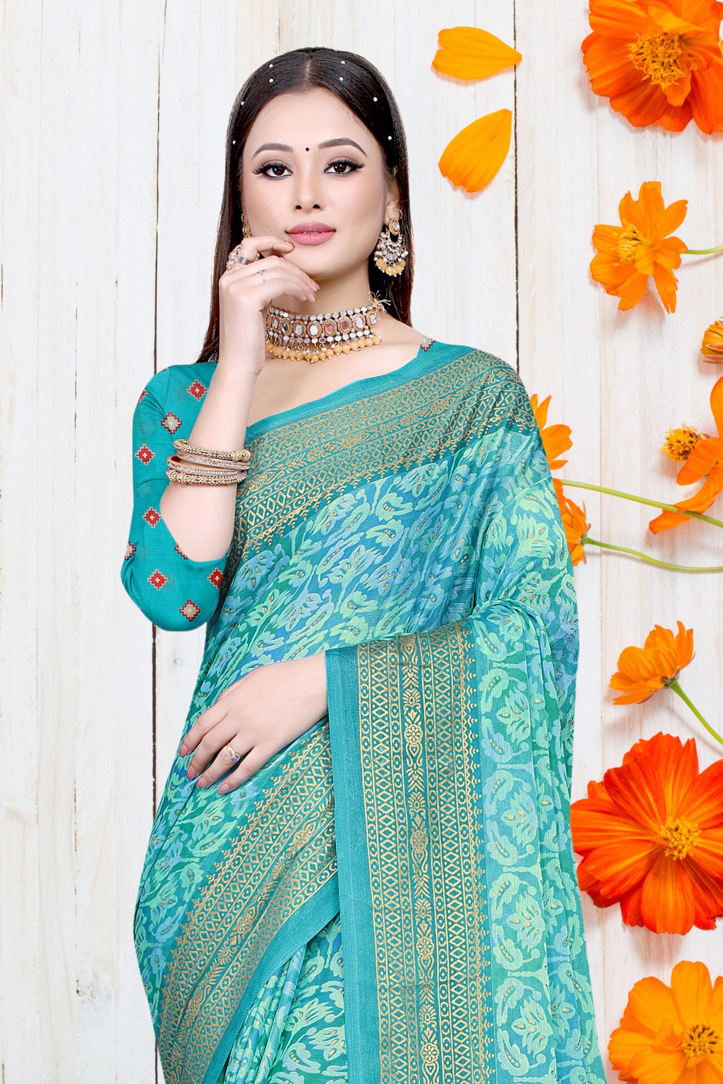 Hightex Party Wear Brasso Floral and Geometric printed Saree