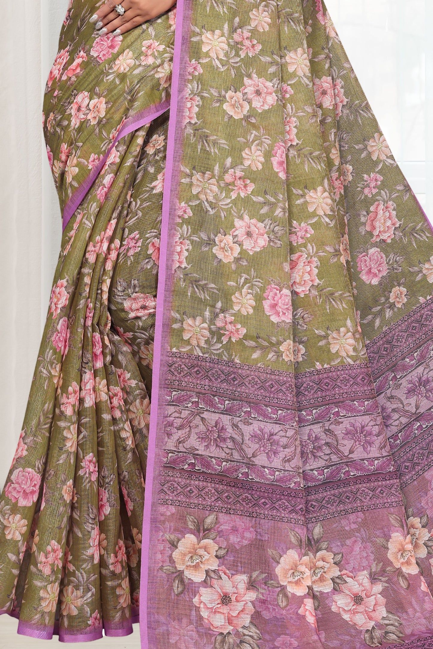 HIGHTEX Digital Print Floral Printed Cotton Linen Saree