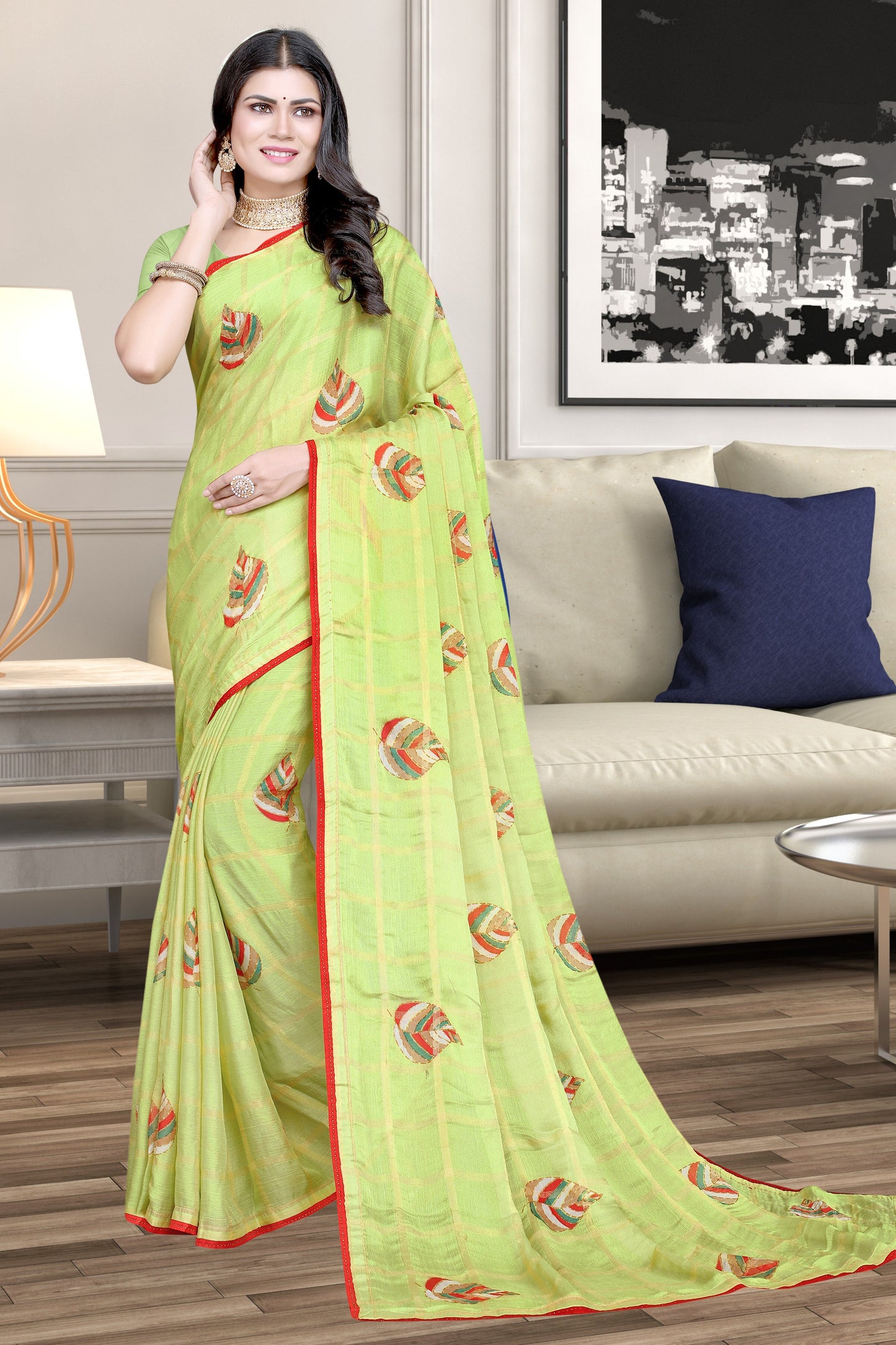 Hightex Georgette Checks pattern Leaf Printed Saree