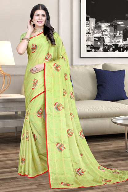 Hightex Georgette Checks pattern Leaf Printed Saree