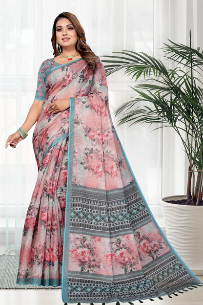 HIGHTEX Digital Print Floral Printed Cotton Linen Saree