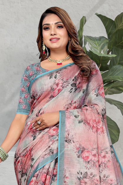 HIGHTEX Digital Print Floral Printed Cotton Linen Saree