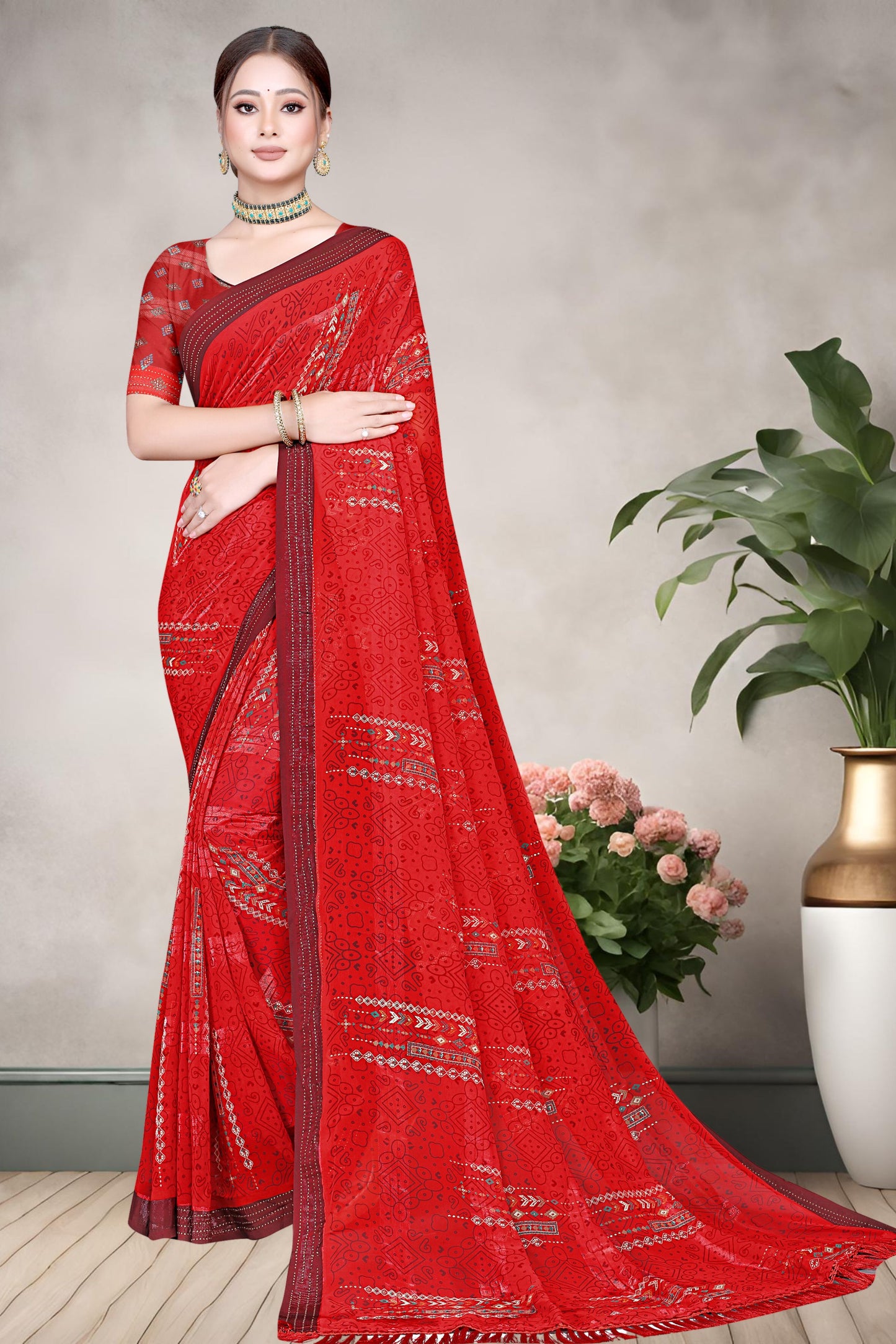 Hightex Wetless Jari Pattern Bandhani Geometric Printed Saree