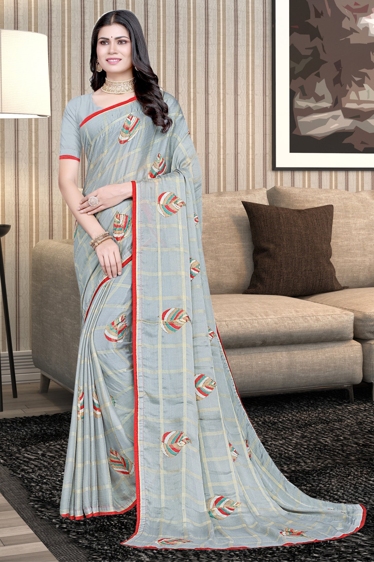 Hightex Georgette Checks pattern Leaf Printed Saree