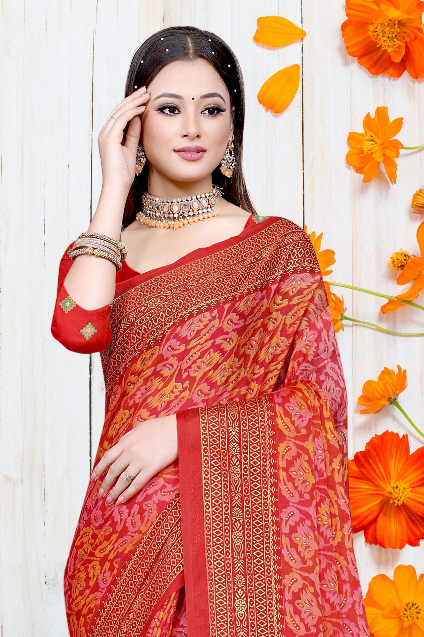 Hightex Party Wear Brasso Floral and Geometric printed Saree