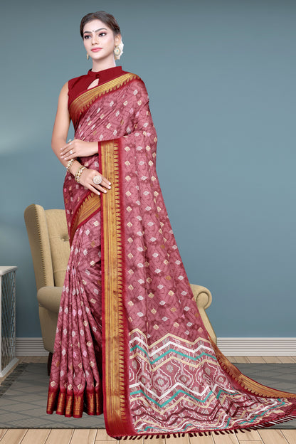 Hightex Color Block, Geometric Print Daily Wear Silk Blend, Jacquard Saree