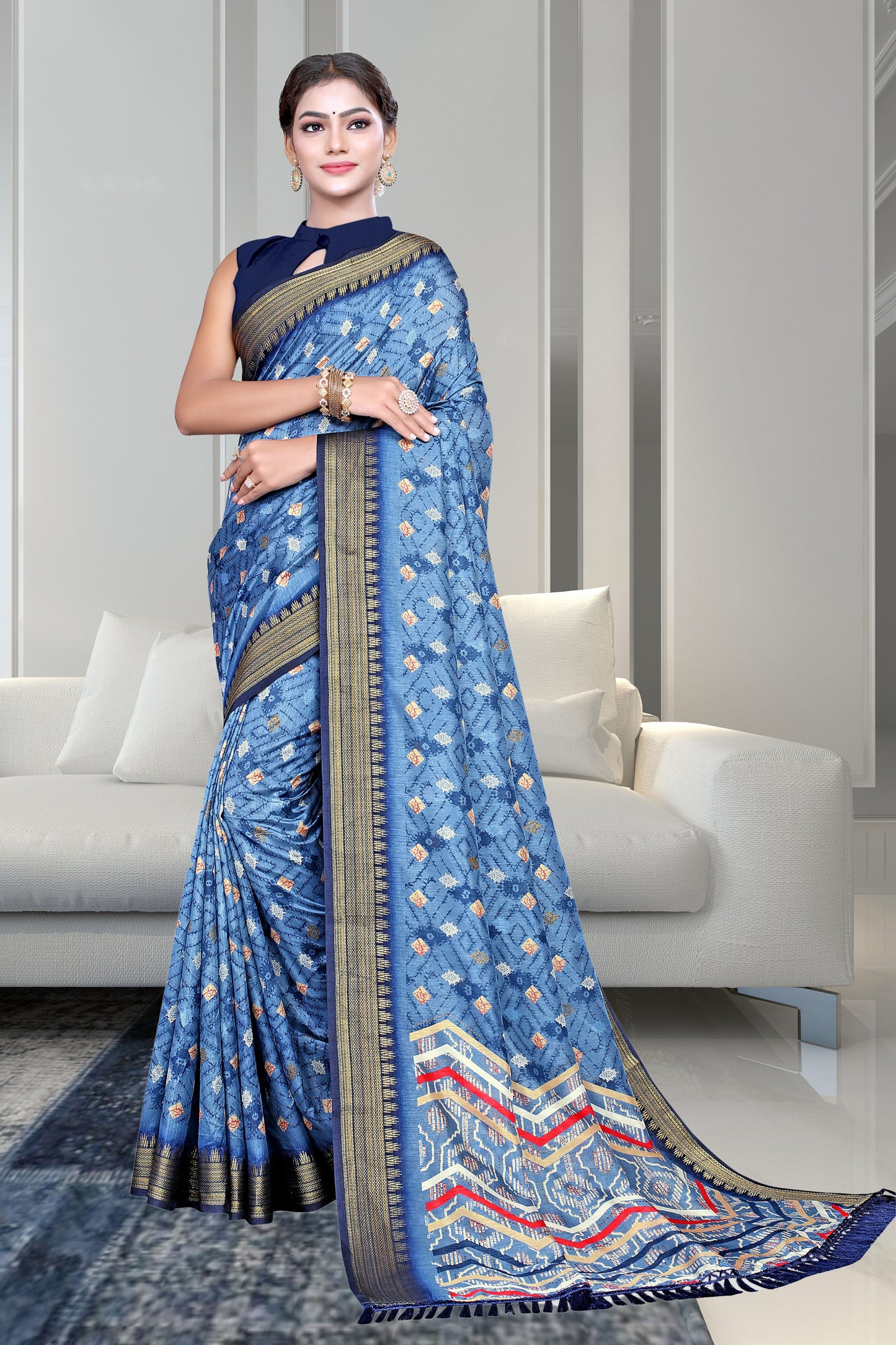 Hightex Color Block, Geometric Print Daily Wear Silk Blend, Jacquard Saree