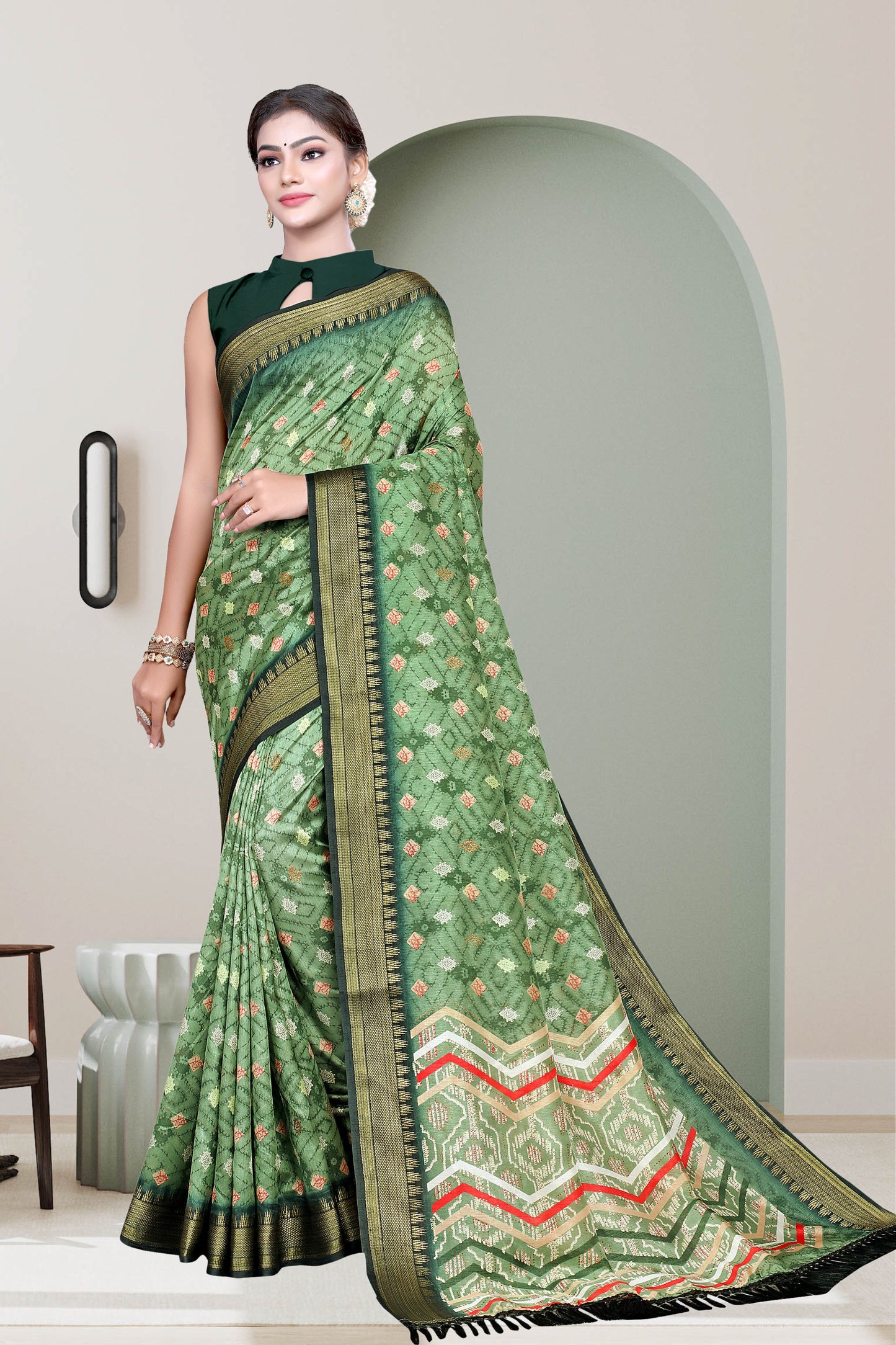 Hightex Color Block, Geometric Print Daily Wear Silk Blend, Jacquard Saree