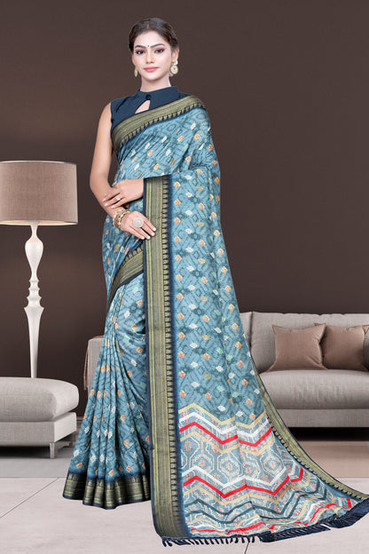 Hightex Color Block, Geometric Print Daily Wear Silk Blend, Jacquard Saree