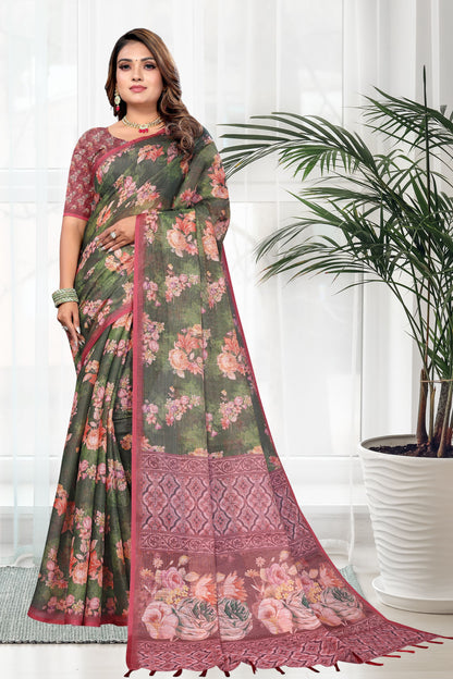 HIGHTEX Digital Print Floral Printed Cotton Linen Saree