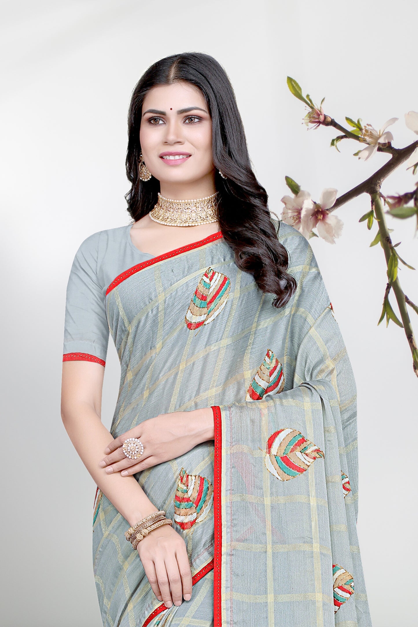 Hightex Georgette Checks pattern Leaf Printed Saree