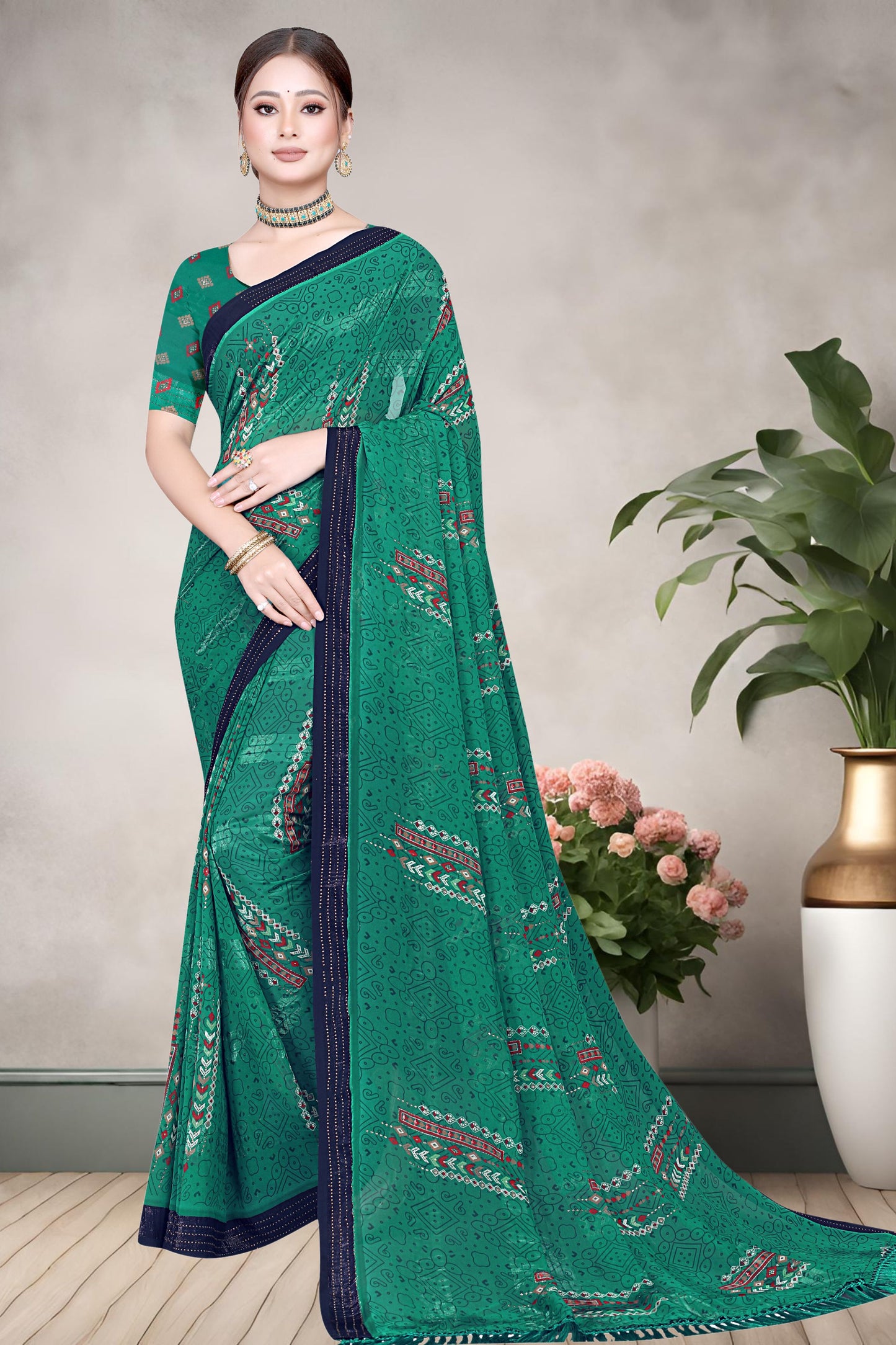 Hightex Wetless Jari Pattern Bandhani Geometric Printed Saree