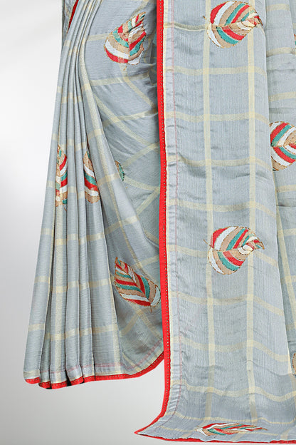 Hightex Georgette Checks pattern Leaf Printed Saree