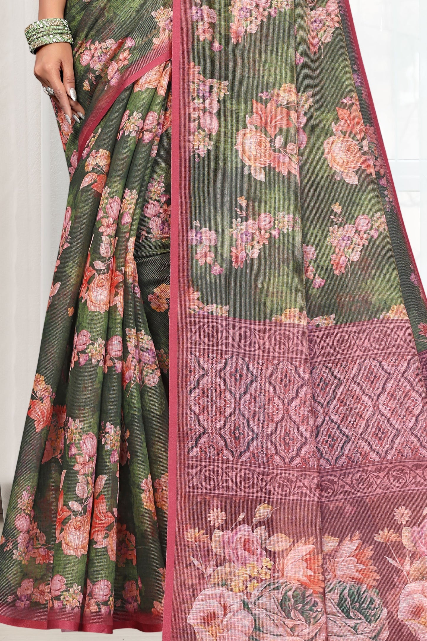 HIGHTEX Digital Print Floral Printed Cotton Linen Saree