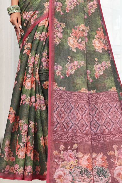 HIGHTEX Digital Print Floral Printed Cotton Linen Saree