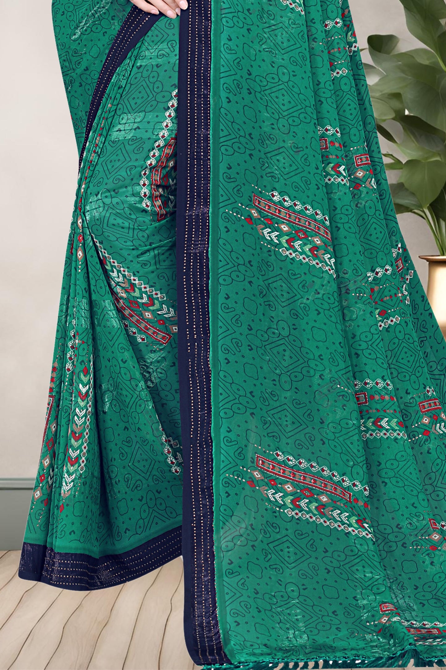 Hightex Wetless Jari Pattern Bandhani Geometric Printed Saree