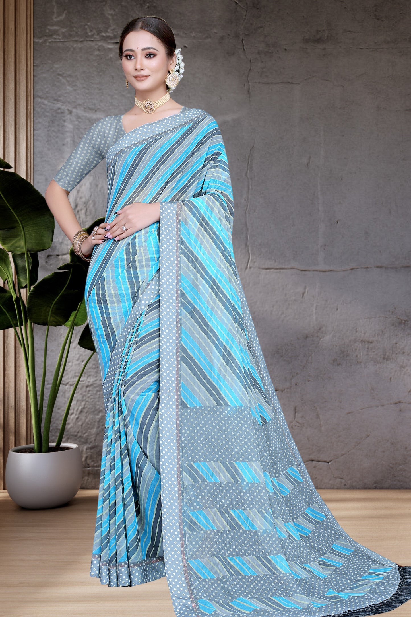 Bollywood Geometric printed chiffon satin border saree