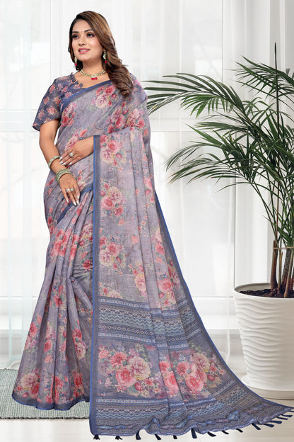 HIGHTEX Digital Print Floral Printed Cotton Linen Saree