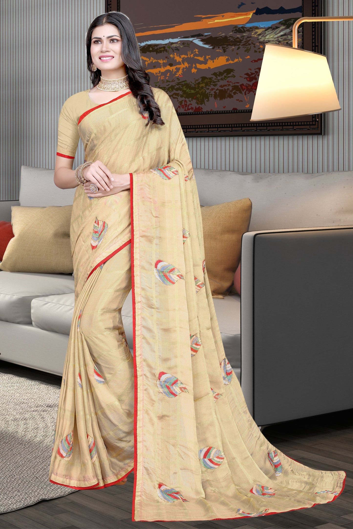 Hightex Georgette Checks pattern Leaf Printed Saree