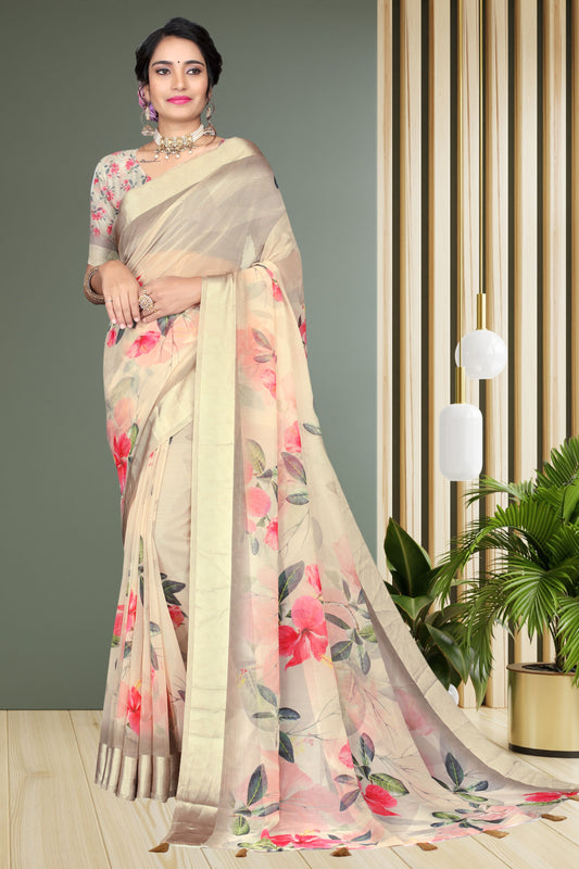 Elegant Digital Floral Printed Organza saree
