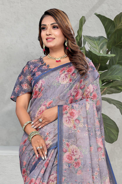 HIGHTEX Digital Print Floral Printed Cotton Linen Saree