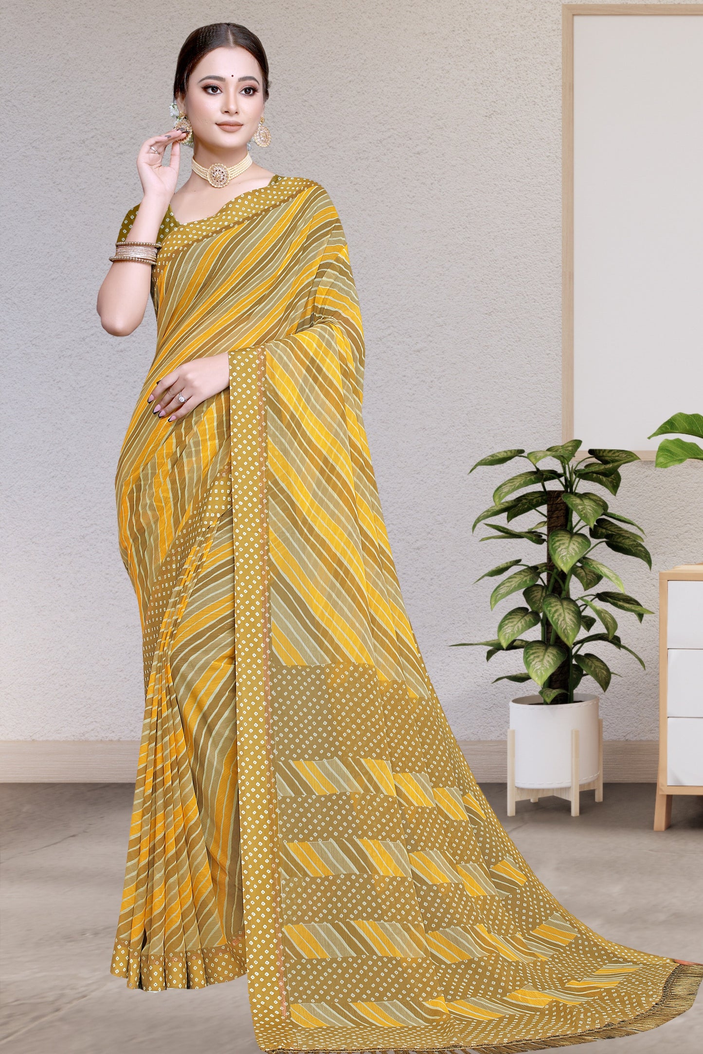 Bollywood Geometric printed chiffon satin border saree