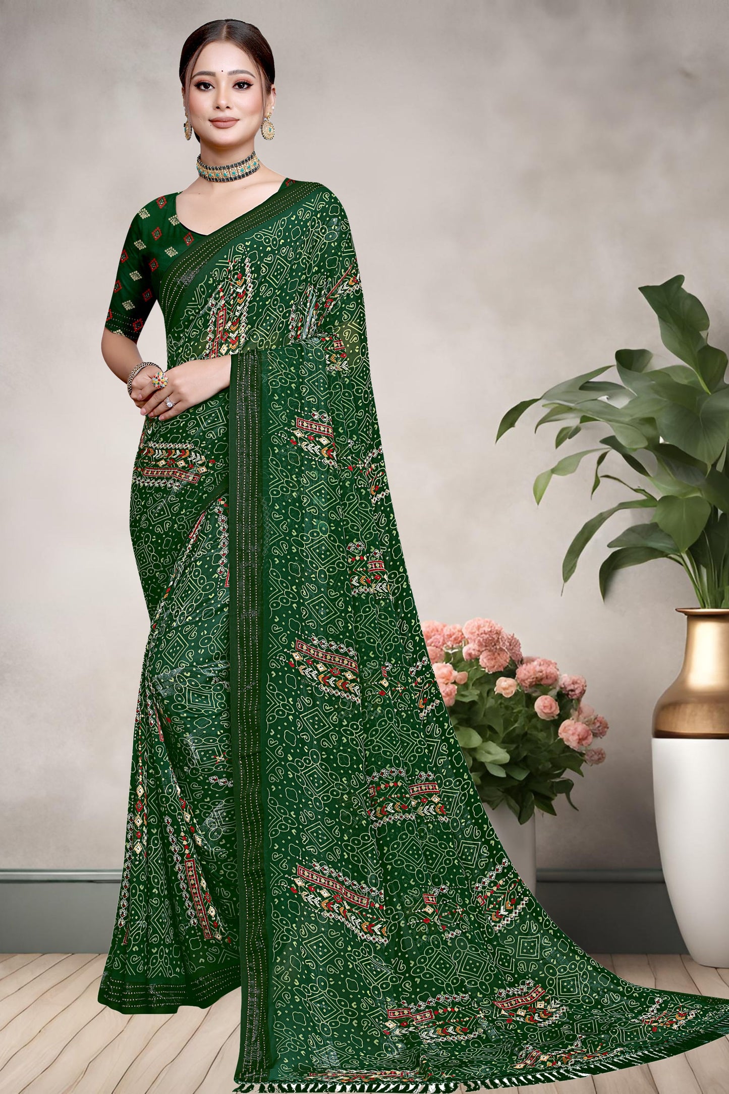 Hightex Wetless Jari Pattern Bandhani Geometric Printed Saree