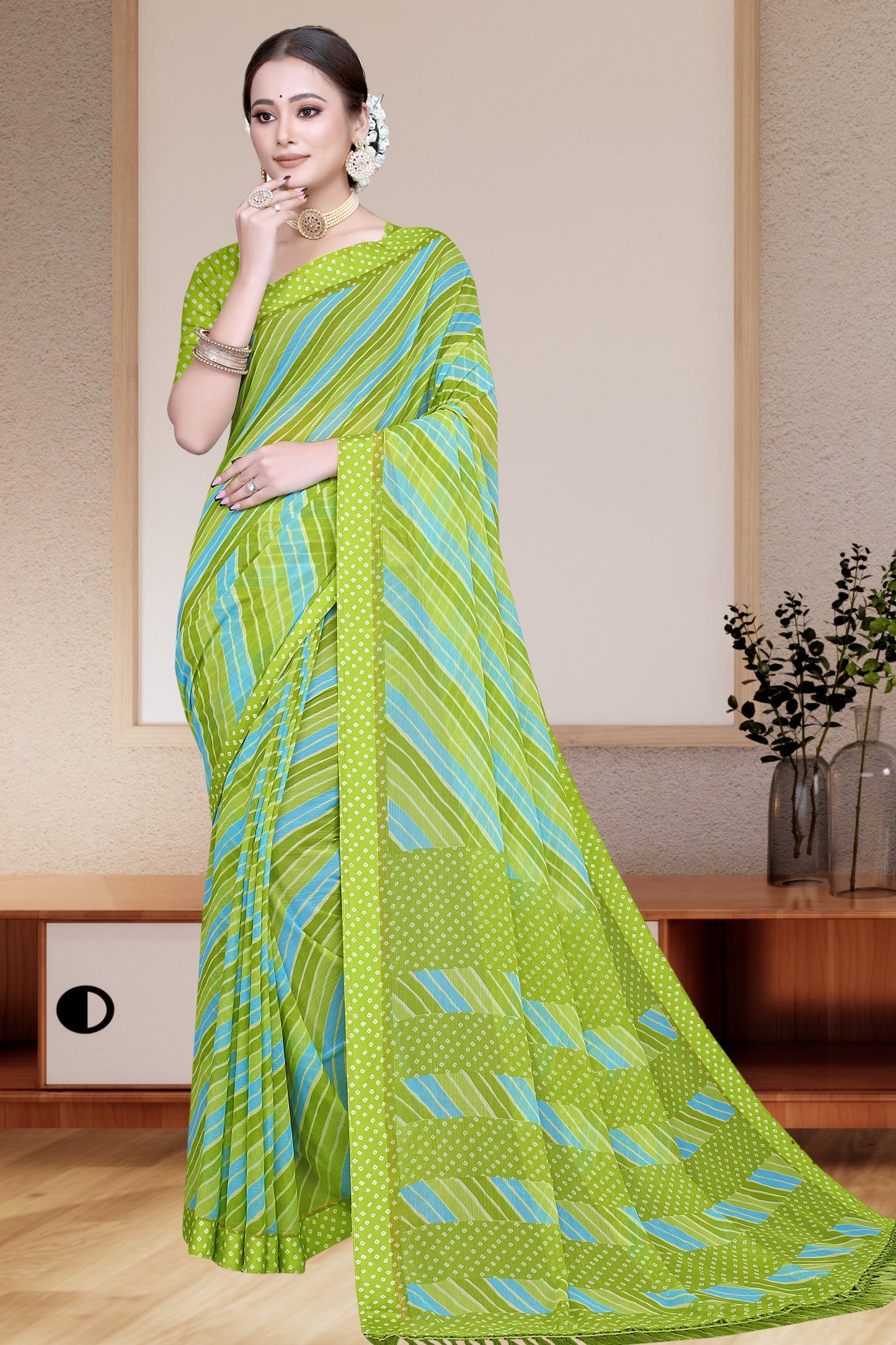 Bollywood Geometric printed chiffon satin border saree