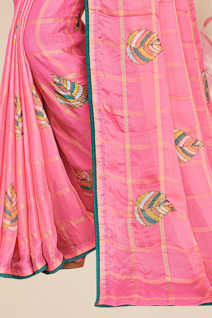 Hightex Georgette Checks pattern Leaf Printed Saree