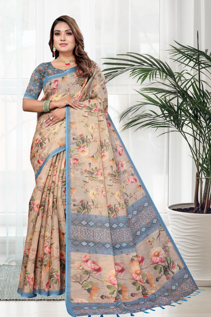 HIGHTEX Digital Print Floral Printed Cotton Linen Saree