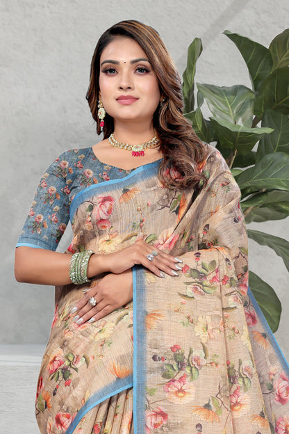 HIGHTEX Digital Print Floral Printed Cotton Linen Saree