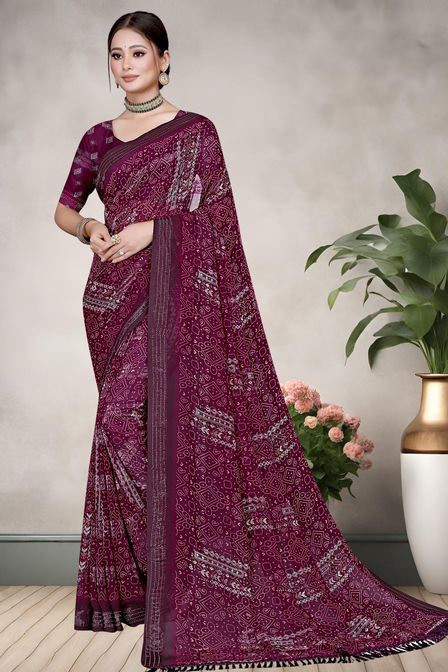 Hightex Wetless Jari Pattern Bandhani Geometric Printed Saree