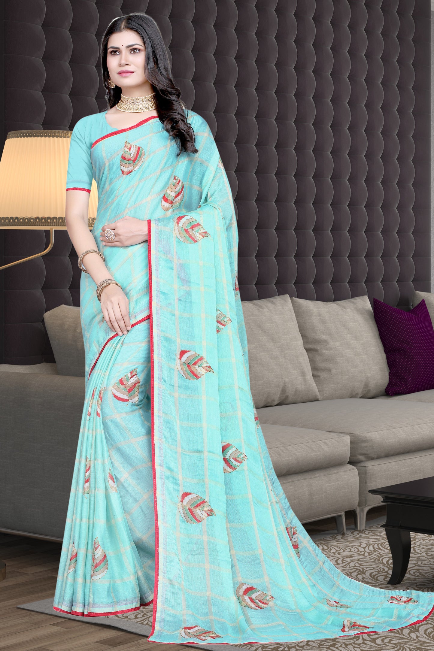 Hightex Georgette Checks pattern Leaf Printed Saree