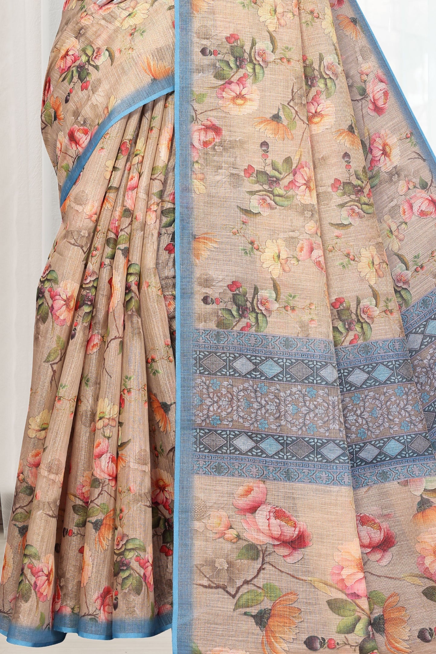 HIGHTEX Digital Print Floral Printed Cotton Linen Saree