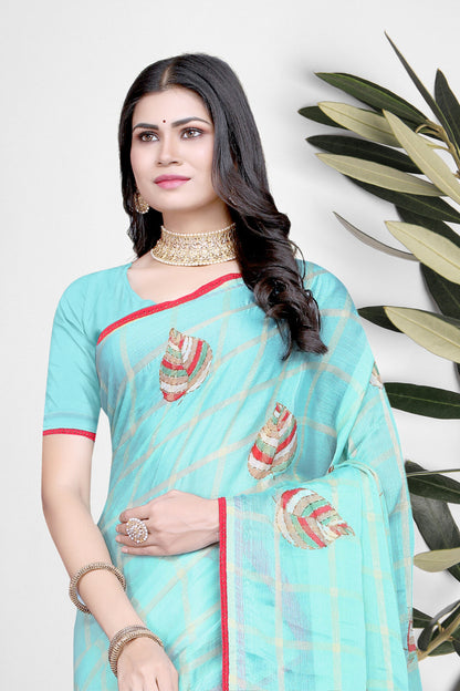 Hightex Georgette Checks pattern Leaf Printed Saree