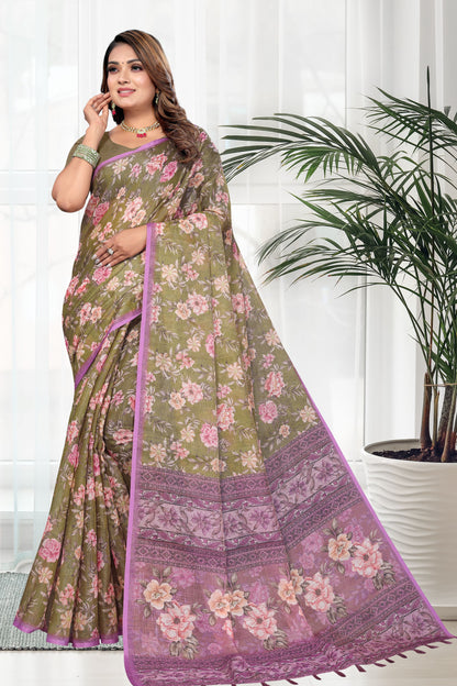 HIGHTEX Digital Print Floral Printed Cotton Linen Saree