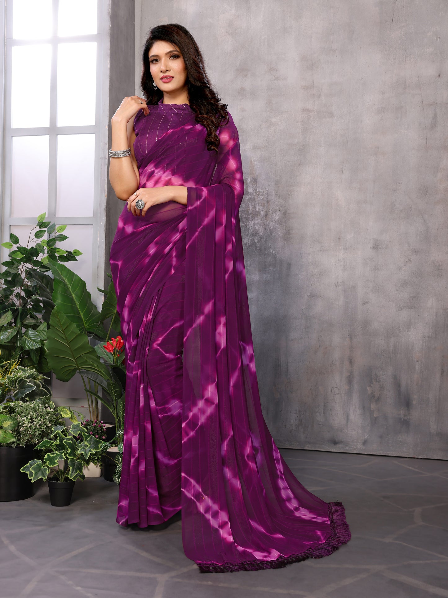 Hightex Striped, Embellished, Graphic Print Bollywood Georgette Saree