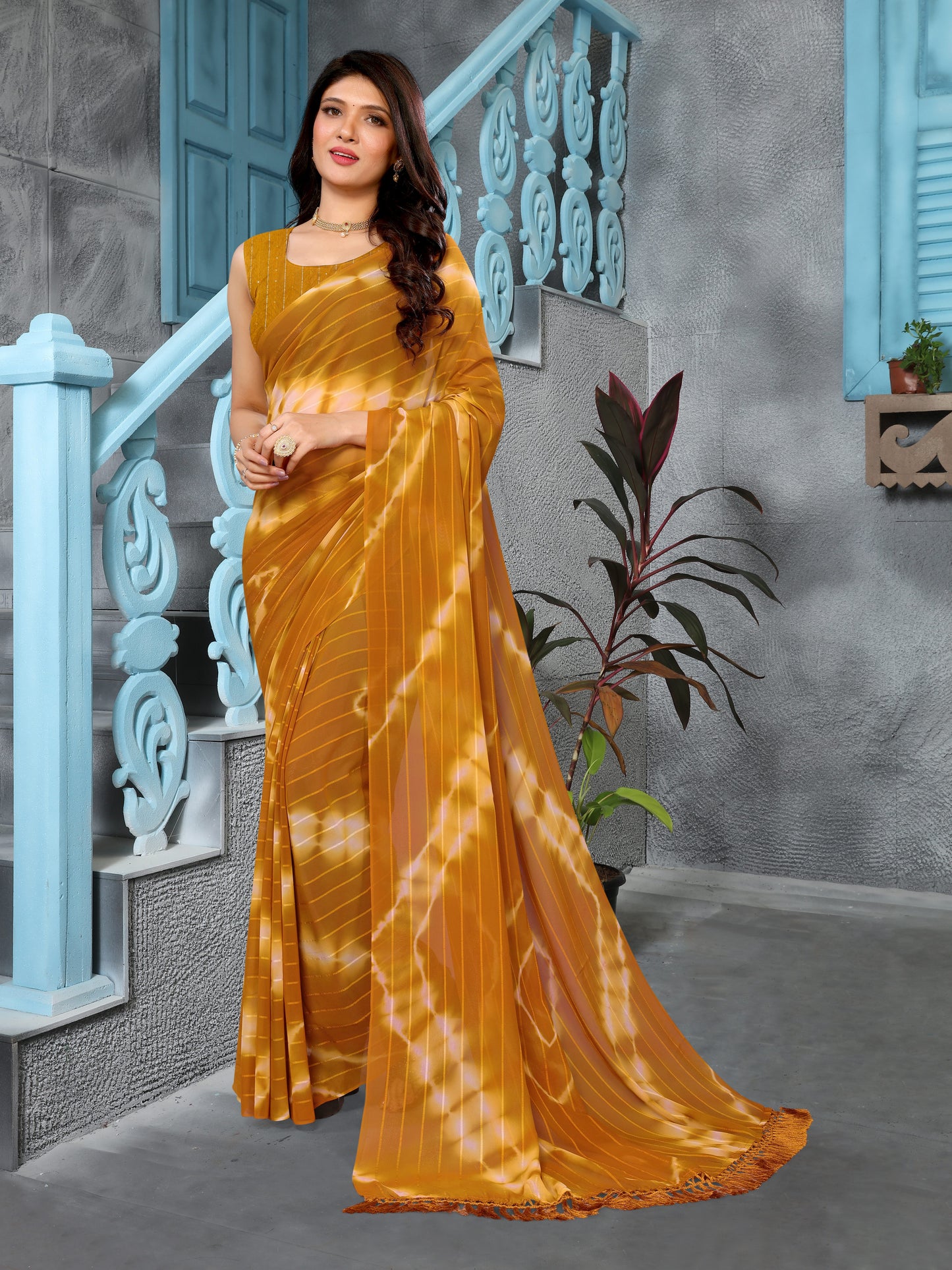 Hightex Striped, Embellished, Graphic Print Bollywood Georgette Saree